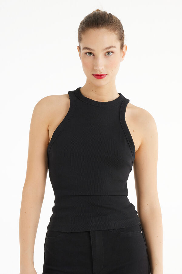 Ribbed High Neck Tank Top with Rips  