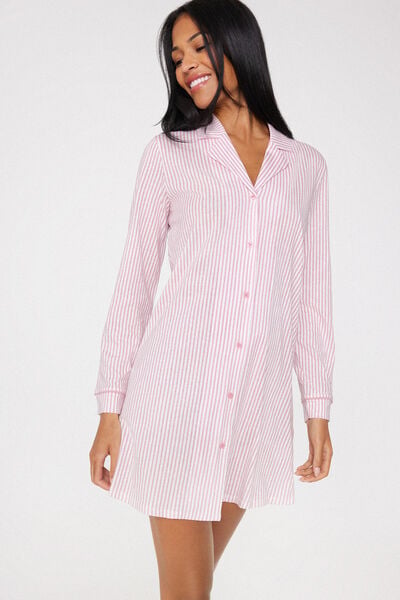 Camisa de Noite Aberta Algod&atilde;o Riscas
