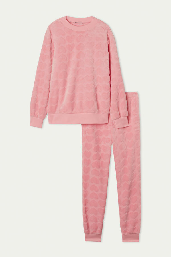 Devoré Long Fleece Pyjamas with Heart Print  