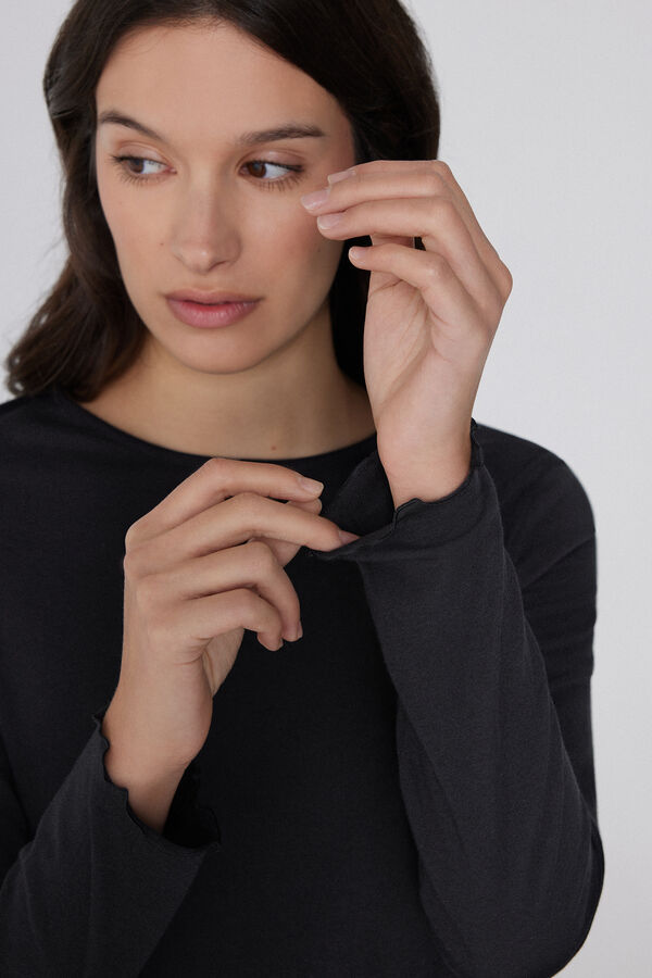 Bluzka Bawełniana Długi Rękaw Falowane Wykończenie  