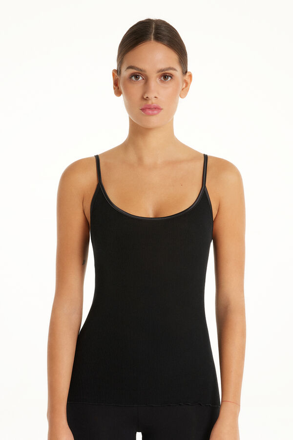 Ribbed 100% Cotton and Satin Camisole with Narrow Shoulder Straps  