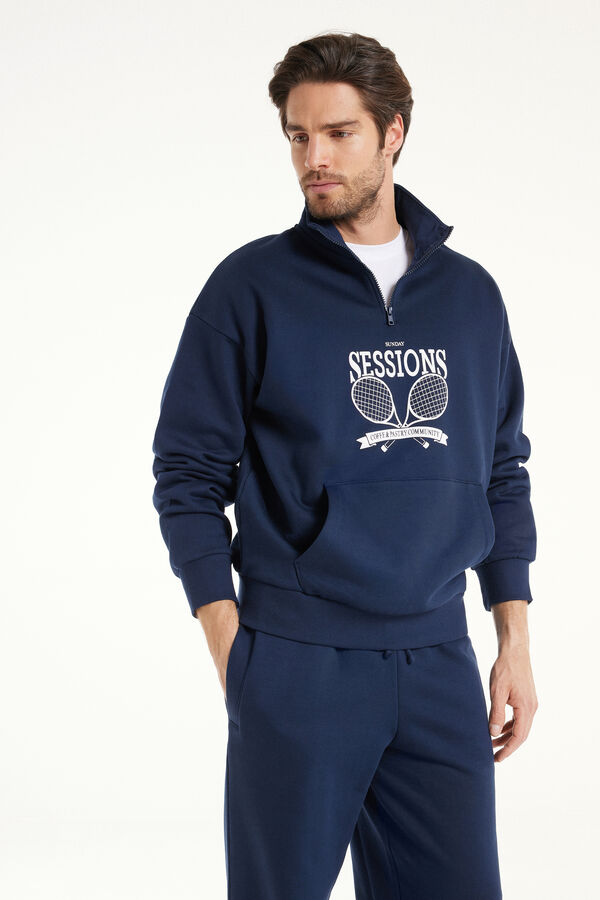 Thick Long-Sleeved Sweatshirt with Zip and Print  