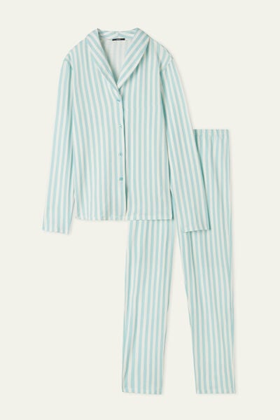 Langer Pyjama aus Baumwolle mit Knopfleiste und Streifen