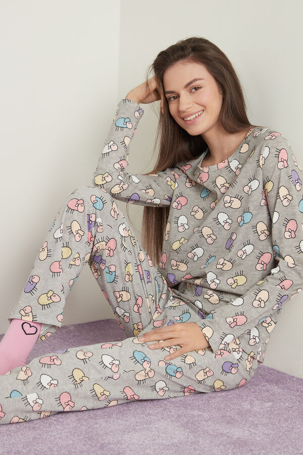 Dlouhé Bavlněné Pyžamo s Potiskem Ovce  