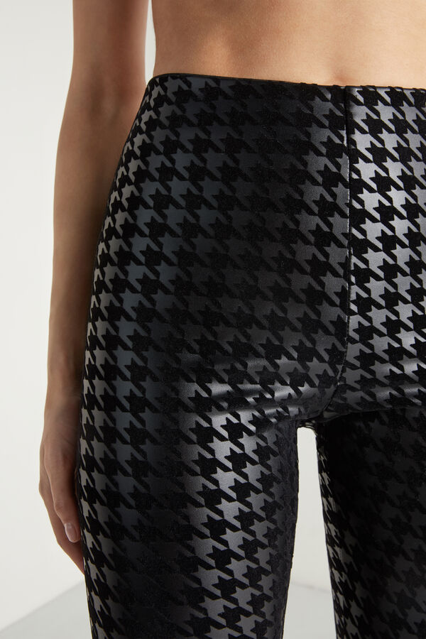 Coated-Effect, Flocked Thermal Leggings with Houndstooth Appliqué  