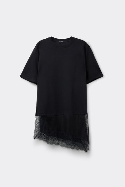 T-Shirt Cotone con Inserto Raso e Pizzo