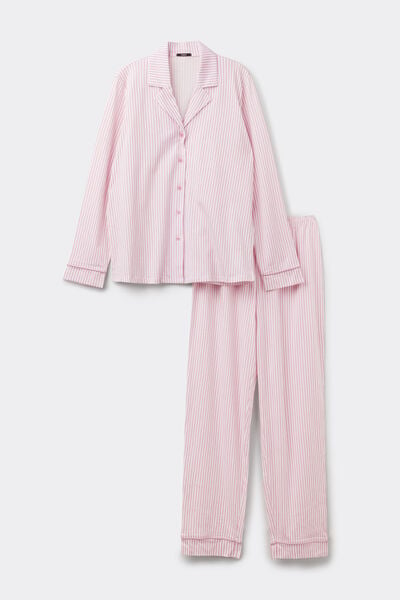 Pijama Comprido Aberto Algod&atilde;o Estampado Riscas