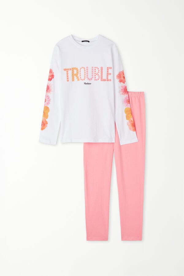 Girls’ Long Cotton Pyjamas with Trouble Print  