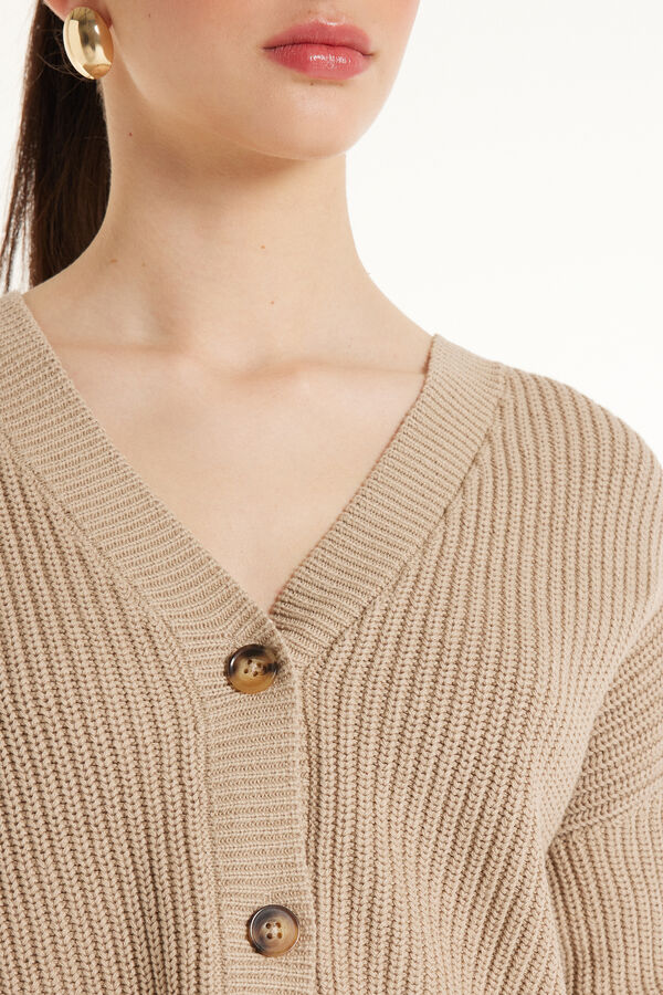 Short Ribbed Cardigan with Long Sleeves and Buttons  