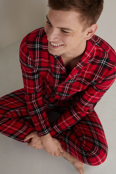 Men’s Long Flannel Pyjamas with Red Tartan Print and Buttons