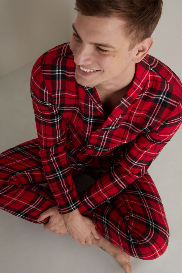 Dlouhé Pánské Flanelové Pyžamo s Knoflíky Károvaný Vzor Červené  