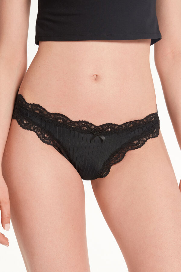 Ribbed Brazilian Briefs with Lace Trim  