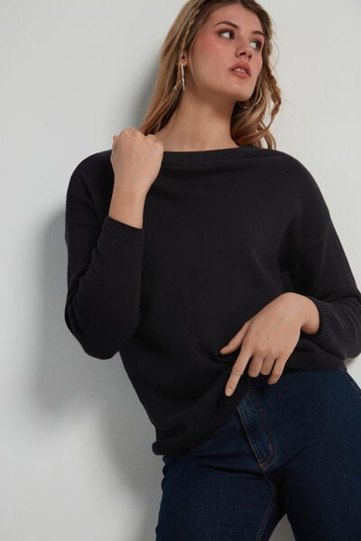 Long Boat-Neck Sweater in Fully-Fashioned Cotton