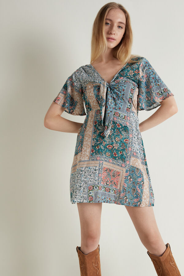 Short Sleeve Short Canvas Dress with Knot  