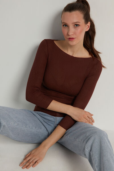3/4-Length-Sleeve Ultralight Ribbed Cotton Boat-Neck Top