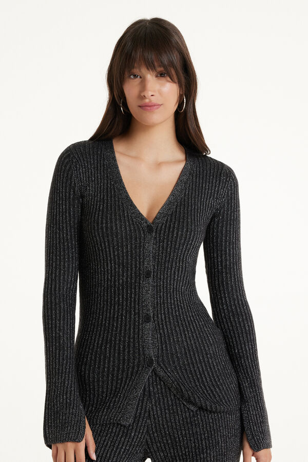 Long-Sleeved Button-Down Ribbed Laminated Cardigan  