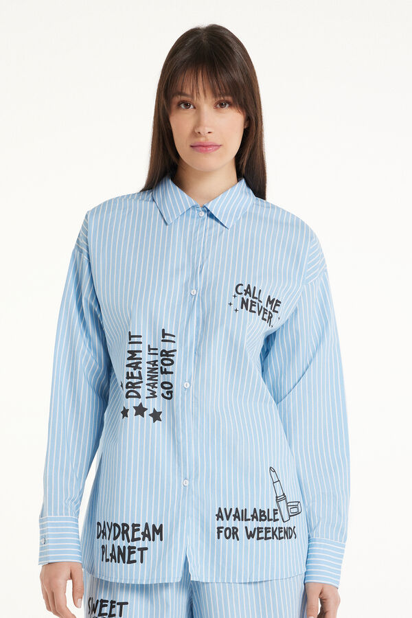 Рубашка Оверсайз в Меловую Полоску с Длинными Рукавами и Надписями  