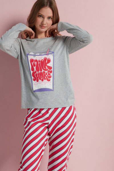 Pijama Lungă din Bumbac Imprimeu „Milk Shake"