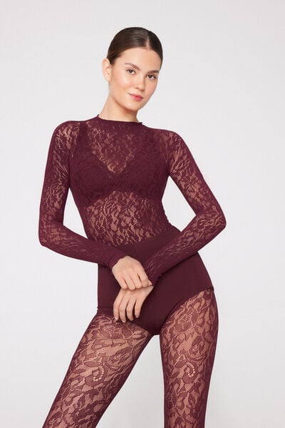 Body Manches Longues Dentelle Fleurie Sans Coutures