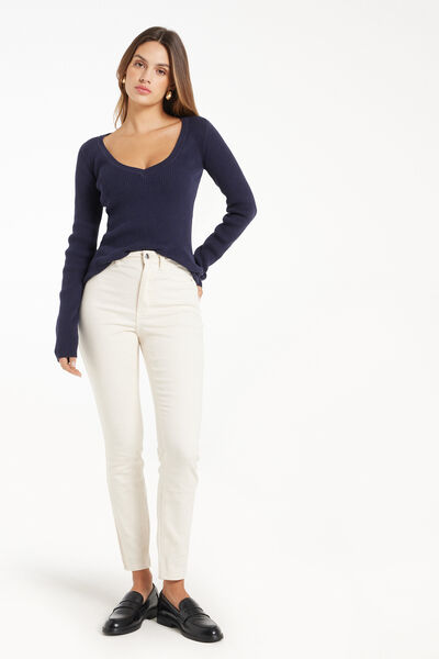 Ribbed Long-Sleeved 100% Cotton V-Neck Top
