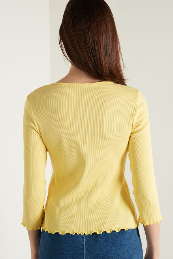 3/4 Length Sleeve Ribbed Cotton Top with Rolled Hem  