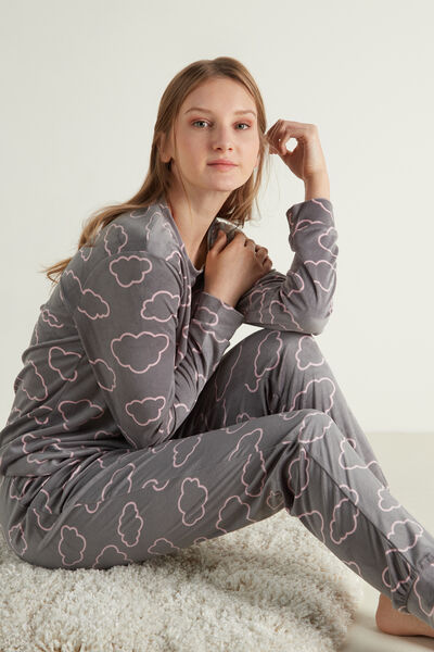 Pijama Comprido Micropolar Estampado Nuvens