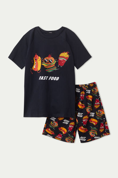 Boys’ Short Cotton Pyjamas with Fast Food Print