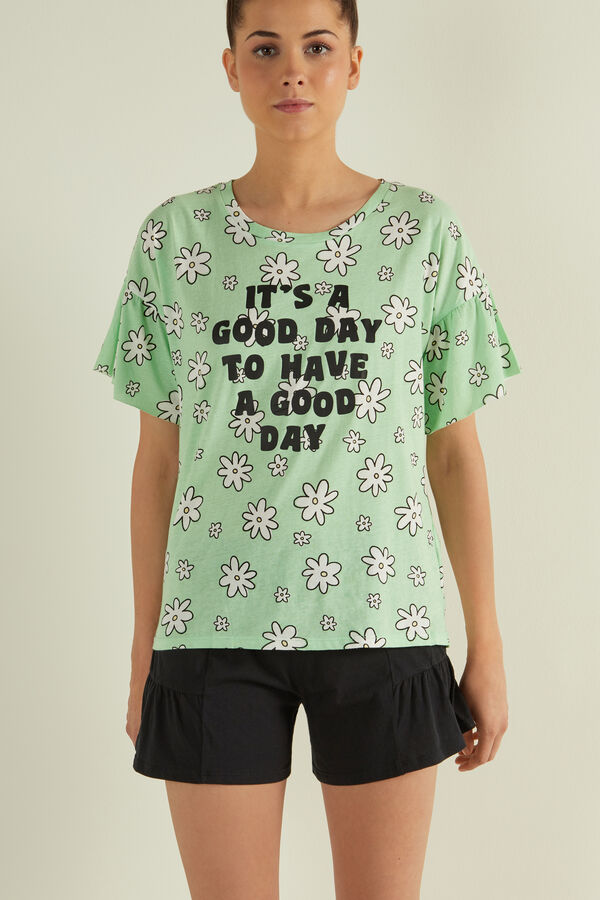 Krátke Pyžamo so Stredne Dlhým Rukávom a Potlačou Good Day  