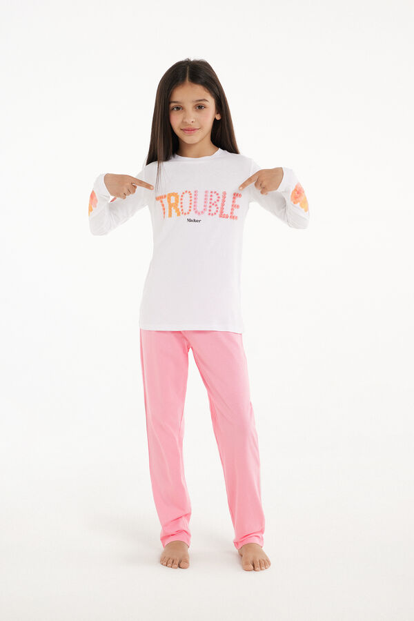 Langer Mädchenpyjama aus Baumwolle mit Trouble-Print  