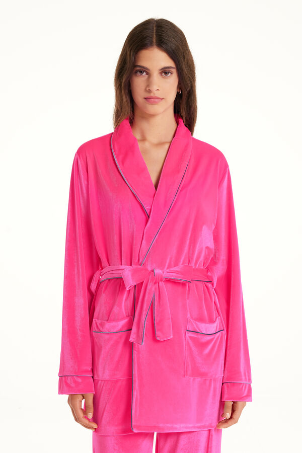 Long-Sleeved Velvet Dressing Gown with Piping  