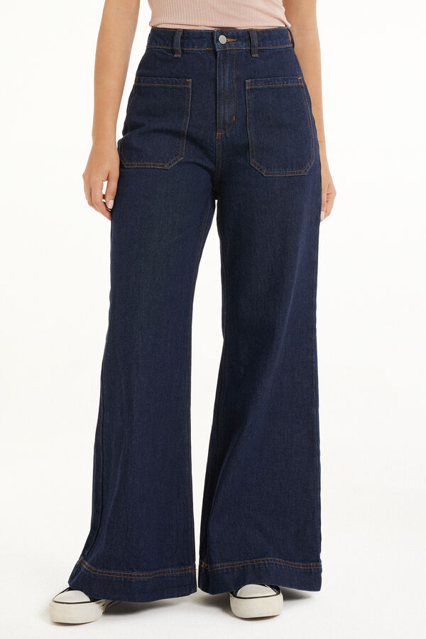 Full Length Straight Cut High-Waist Délavé Denim Jeans  