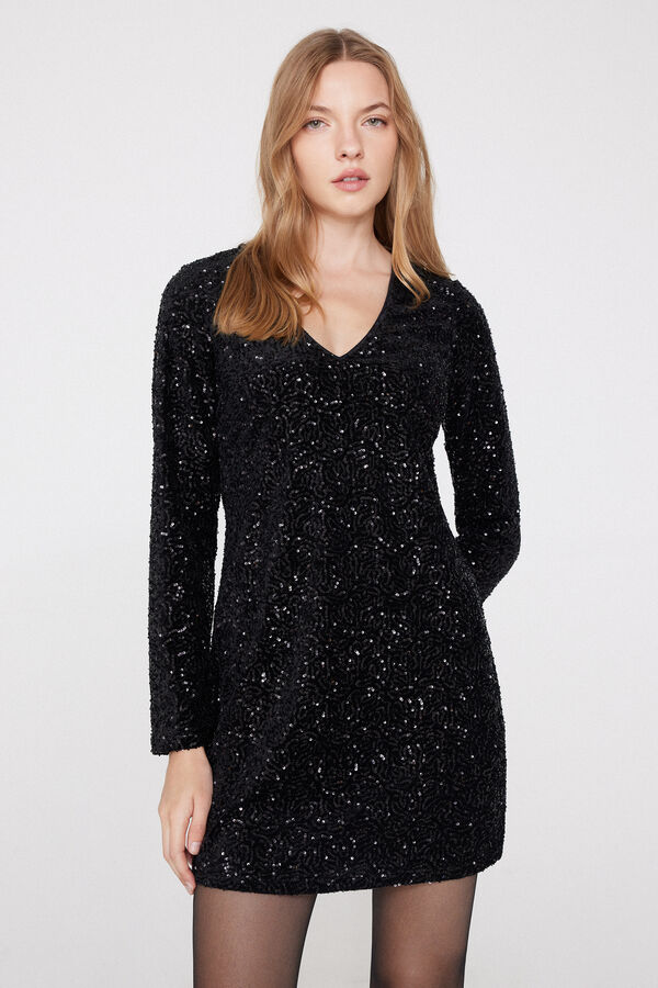 Robe Courte Encolure en V Paillettes  