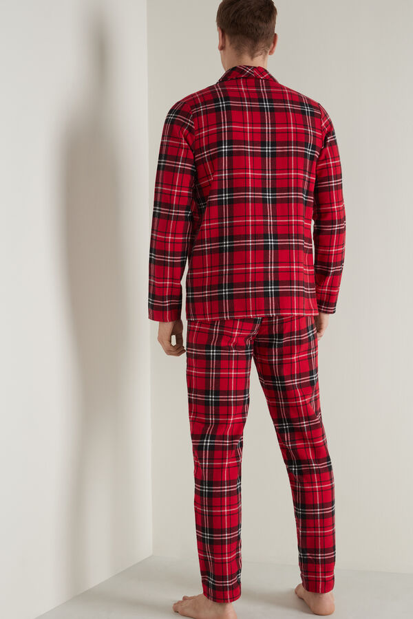 Dlouhé Pánské Flanelové Pyžamo s Knoflíky Károvaný Vzor Červené  