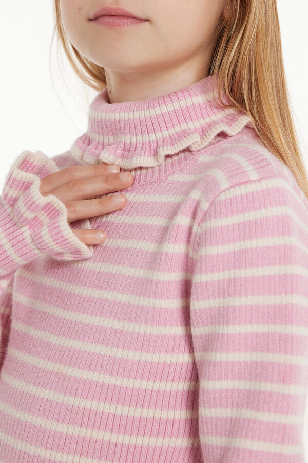 Rebrasti džemper za djevojčice s dugim rukavima, povišenim ovratnikom i volanima  