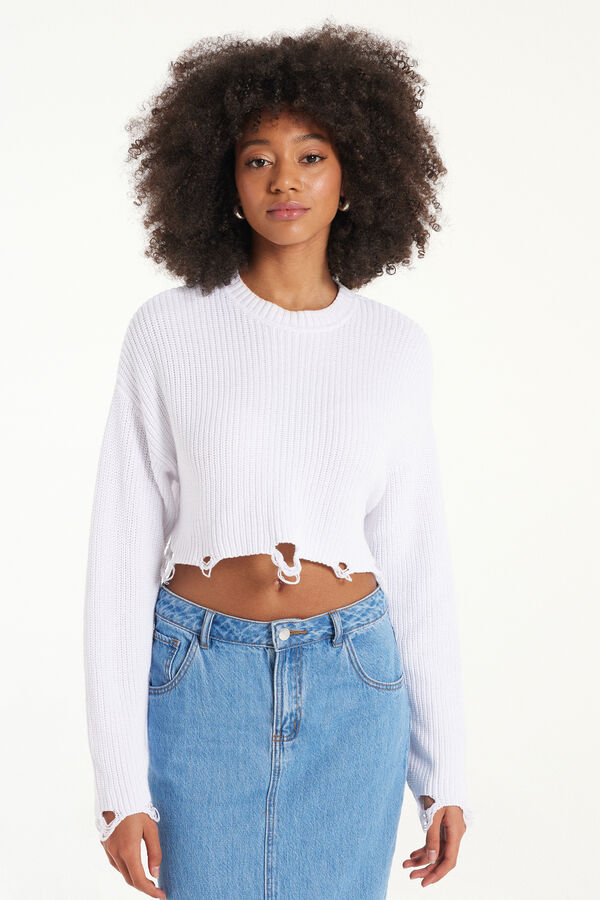 Ribbed Long-Sleeved Ripped Crop Top  