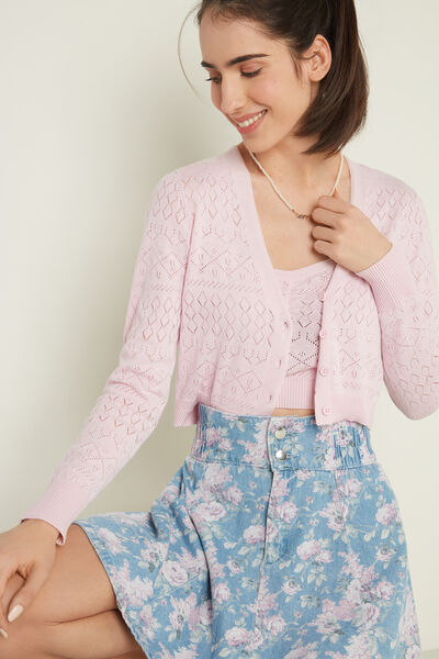 Perforated Cotton Long Sleeve Cropped Cardigan