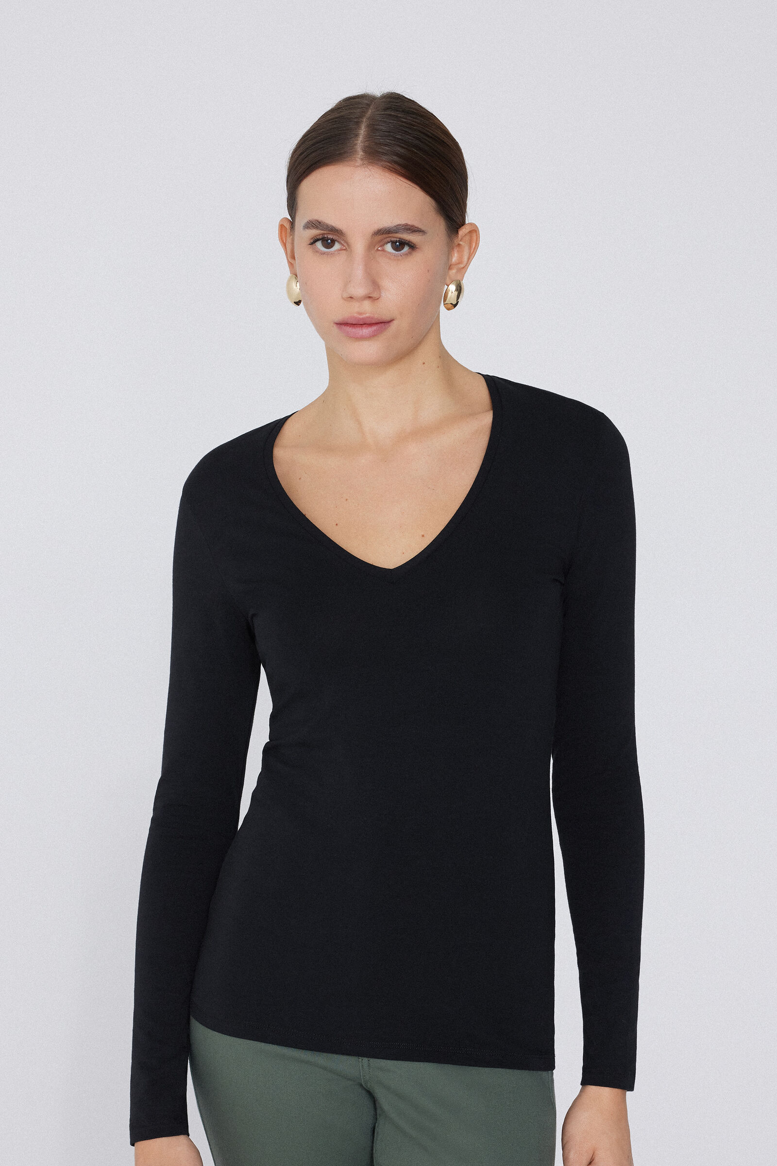 T-shirt Femme Artigli Manches Longues - Col Profond, élastique, Logo, Taille M, Noir