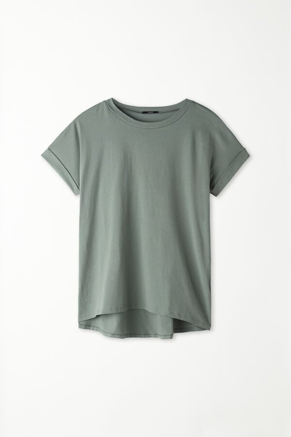 Turned-Up Kimono Sleeve Cotton T-Shirt  