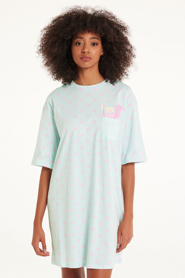 Oversize Cotton Nightgown with Short Sleeves and Pocket  