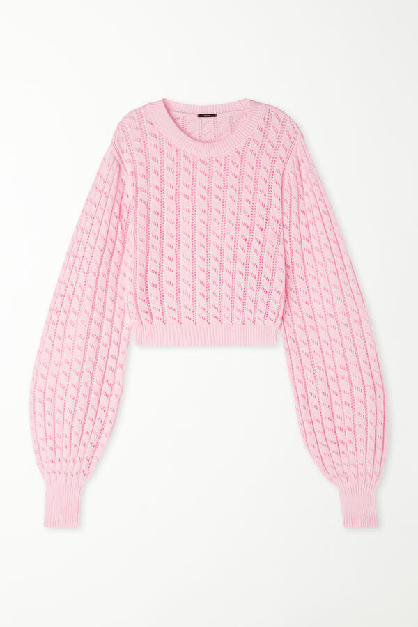 Long-Sleeved Cropped Openwork Sweater  