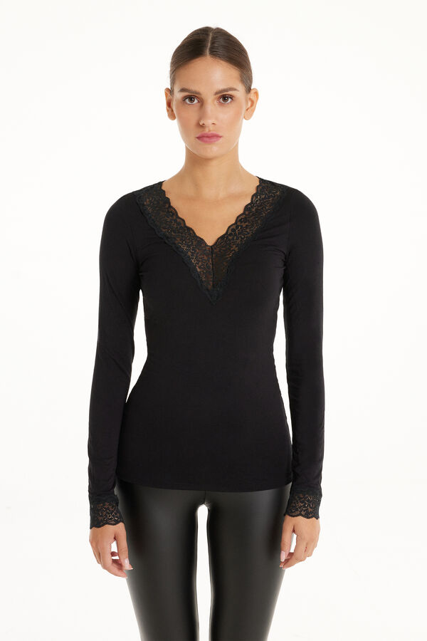 Long Sleeve V-Neck Viscose Top with Lace  