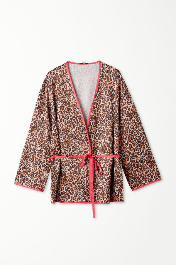 Strawberry Leopard Long-Sleeved Short Dressing Gown with Sash  