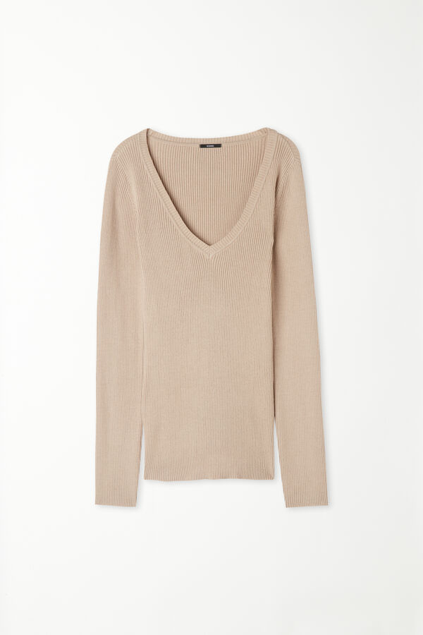 Long-Sleeved Ribbed V-Neck Top in 100% Cotton  