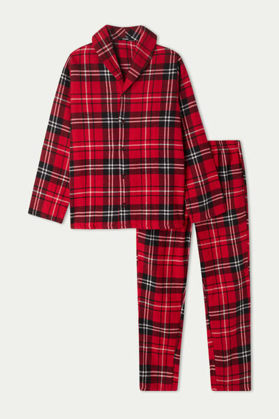 Pijama Largo de Niño de Franela con Botones y Cuadros Escoceses Rojos