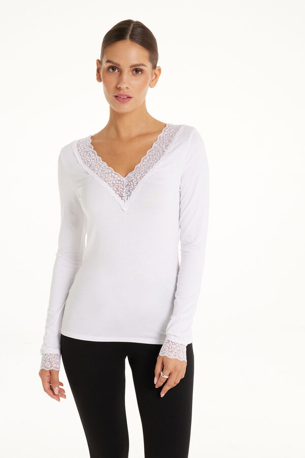 Long Sleeve V-Neck Top in Viscose and Lace  