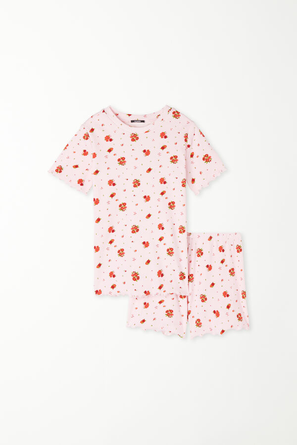 Girls’ Short Sleeve Short Ribbed Cotton Pyjamas with Rolled Hem  
