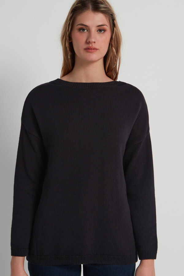 Long Boat Neck Sweater in Fully-Fashioned Cotton  