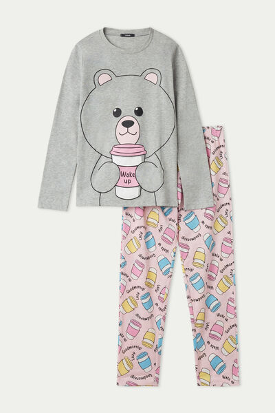 Langer Mädchenpyjama aus Baumwolle mit Teddyprint