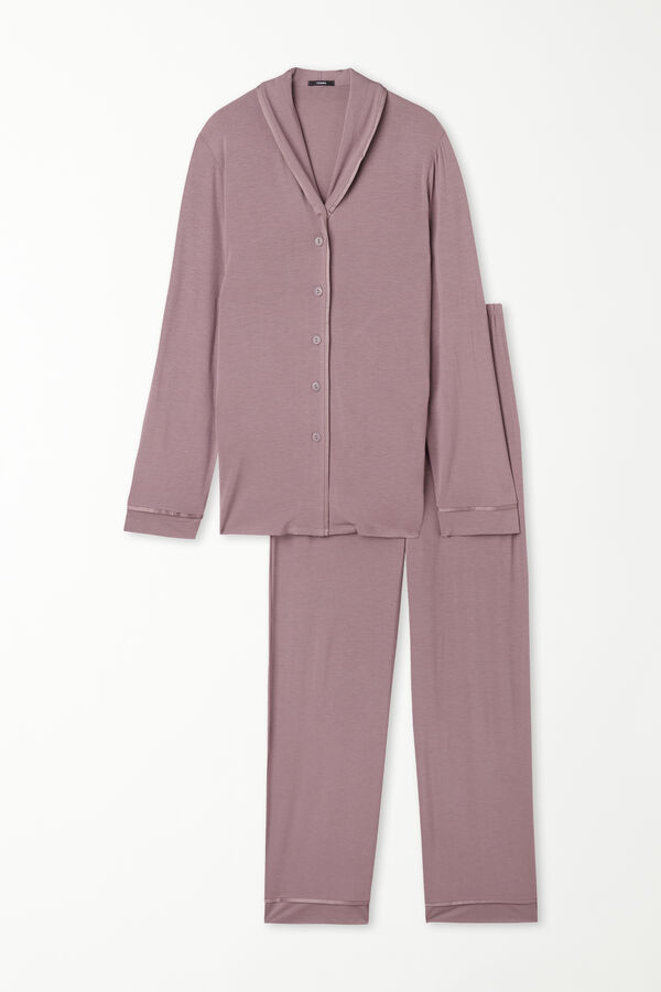 Langer Pyjama mit durchgeknöpftem Oberteil aus Viskose mit Satinkanten  