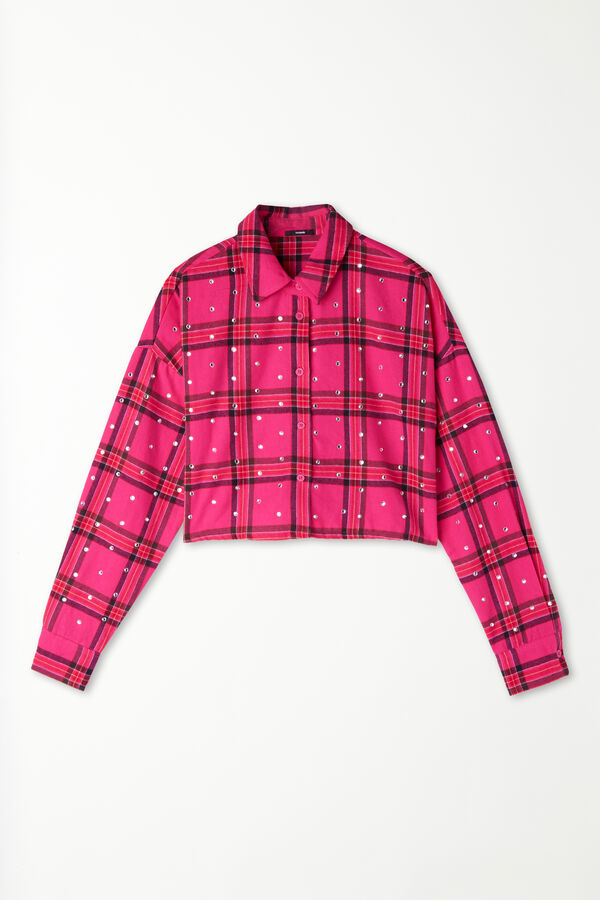 Long Sleeve Cropped Flannel Shirt with Rhinestones  
